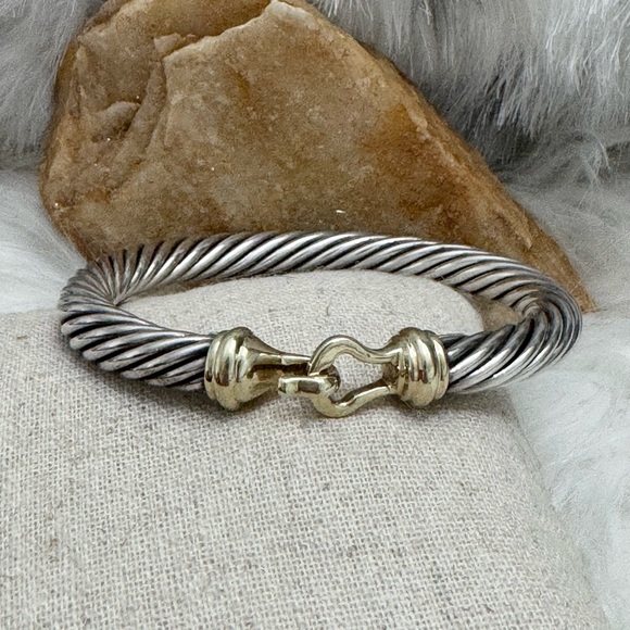 David Yurman 7mm Hook & Buckle Cable Cuff Bracelet .925 14K Gold Sz S - Picture 2 of 11